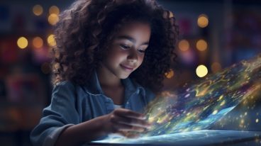 A young biracial girl, one side of her face illuminated by the glow of a holographic tablet displaying educational content, symbolizing the seamless integration of technology into everyday learning experiences. Realistic, cinematic photo, photography, cinematic tones --ar 16:9 --v 5.2 Job ID: c67f07be-989c-4825-a5ec-b8b7cbedd774